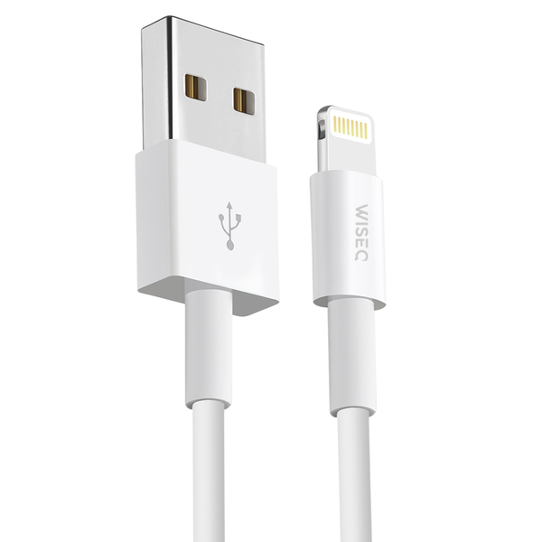 Witte WiseQ USB naar Lightning oplaadkabel 1 meter geschikt voor Apple iPhone met fast charging functie vooraanzicht van USB en Lightning connector