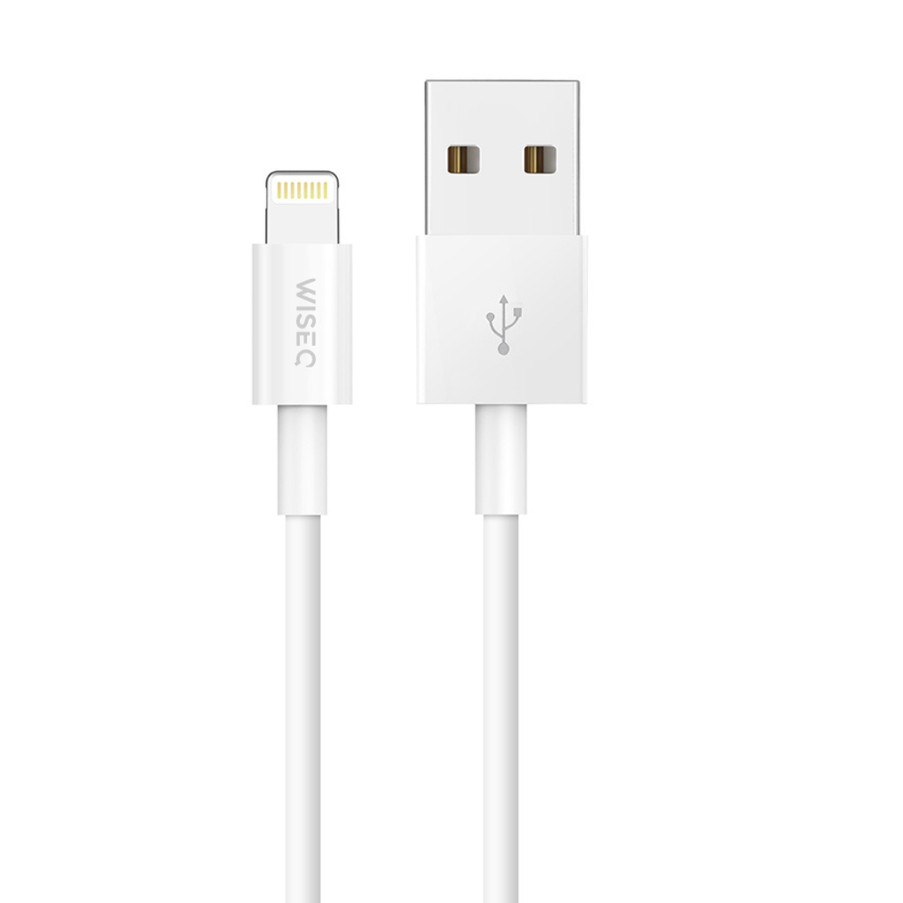 Witte WiseQ USB naar Lightning oplaadkabel 1 meter geschikt voor Apple iPhone met fast charging functie recht vooraanzicht van beide connectoren