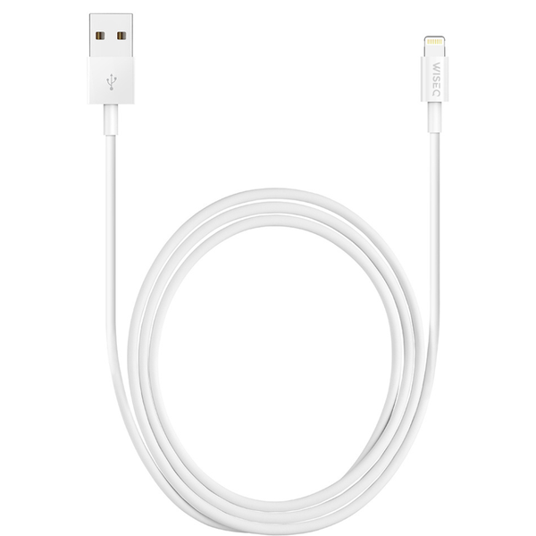 Witte WiseQ USB naar Lightning oplaadkabel 1 meter geschikt voor Apple iPhone volledig opgerold overzicht met beide connectoren zichtbaar