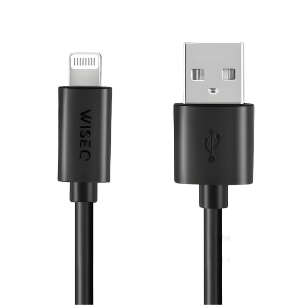 Zwarte WiseQ USB naar Lightning oplaadkabel 1 meter geschikt voor Apple iPhone met fast charging functie vooraanzicht van beide connectoren