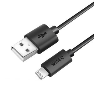 Zwarte WiseQ USB naar Lightning oplaadkabel 1 meter geschikt voor Apple iPhone met fast charging functie close up van connectoren