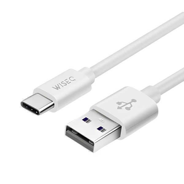 Witte WiseQ USB naar USB C oplaadkabel 1 meter geschikt voor Samsung en iPhone schuin detail van USB en USB C connector
