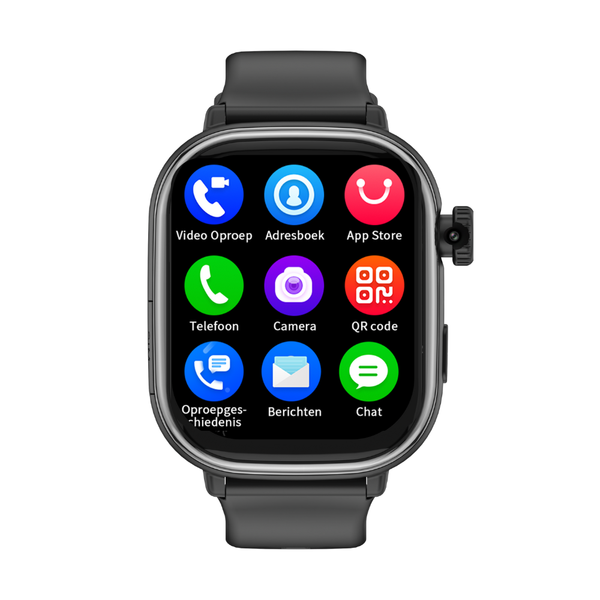 Zwart WiseQ GPS kinderhorloge met simkaart en touchscreen met overzicht van apps zoals bellen, camera en chat