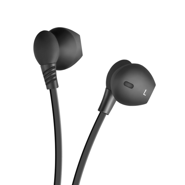 WiseQ bedrade in ear oordopjes koptelefoon voor kinderen in zwart met 3.5mm aansluiting close up detail van oordopjes