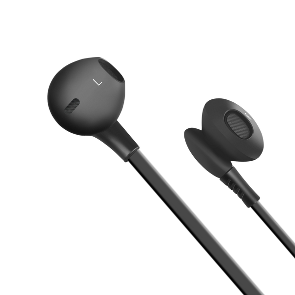 WiseQ bedrade in ear oordopjes koptelefoon voor kinderen in zwart met 3.5mm aansluiting close up detail van oordopjes