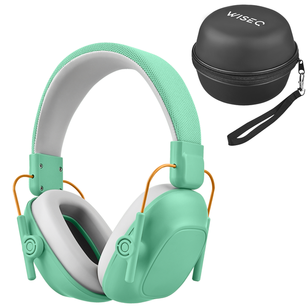 Mintgroene WiseQ gehoorbescherming voor kinderen 28dB met verstelbare hoofdband en zwarte beschermhoes