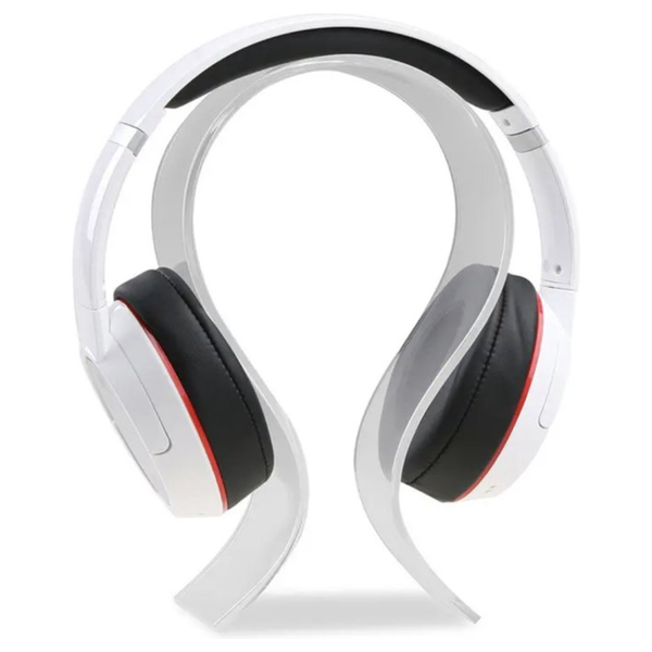 Witte WiseQ headset houder met koptelefoon standaard op bureau modern design