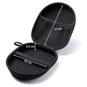 Zwarte hardcover koptelefoon case van WiseQ open met gaasvak en afmetingen 21 cm lang 18 cm breed en 2,5 cm diep geschikt voor on ear en over ear koptelefoon