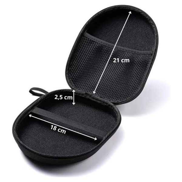 Zwarte hardcover koptelefoon case van WiseQ open met gaasvak en afmetingen 21 cm lang 18 cm breed en 2,5 cm diep geschikt voor on ear en over ear koptelefoon