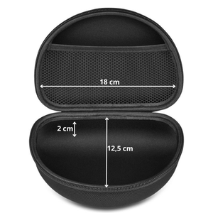 Zwarte harde bescherm hoes voor opvouwbare koptelefoon met binnenvak en afmetingen 18 cm breed 12,5 cm hoog en 2 cm diep