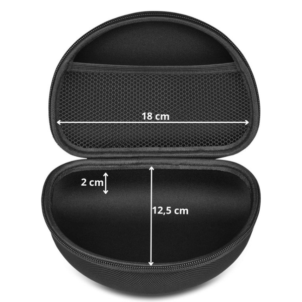 Zwarte harde bescherm hoes voor opvouwbare koptelefoon met binnenvak en afmetingen 18 cm breed 12,5 cm hoog en 2 cm diep