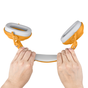 WiseQ oorbeschermers voor kinderen 28dB in geel met flexibele verstelbare hoofdband in gebruik