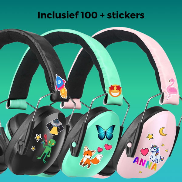 WiseQ gehoorbeschermers voor kinderen in zwart roze en mint inclusief 100 stickers met 28dB geluidsdemping