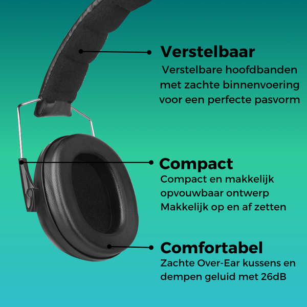 WiseQ zwarte gehoorbeschermers voor kinderen met verstelbare hoofdband compact ontwerp en zachte over ear kussens 28dB