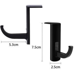 Zwarte WiseQ headset houder haak met afmetingen 5 3 cm 7 5 cm en 2 5 cm