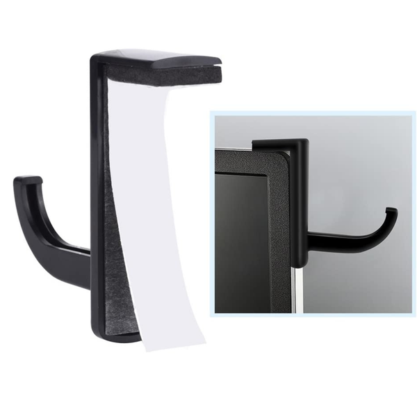 Zwarte WiseQ headset houder haak met zelfklevende sticker bevestiging op monitor