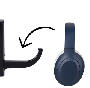 Zwarte WiseQ headset houder haak voor bureau kast of monitor met koptelefoon voorbeeld