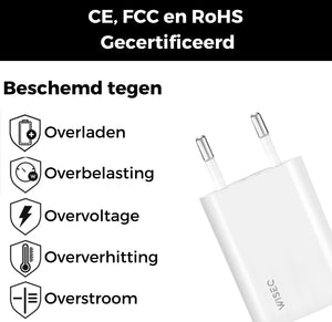 Witte Wise oplader geschikt voor iPhone met CE FCC en RoHS certificering en beveiliging tegen overladen en oververhitting
