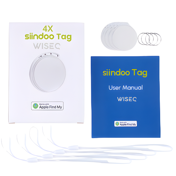 Witte Bluetooth GPS tracker set van 4 geschikt voor Apple iPhone met Find My functie van WiseQ inclusief verpakking handleiding en accessoires