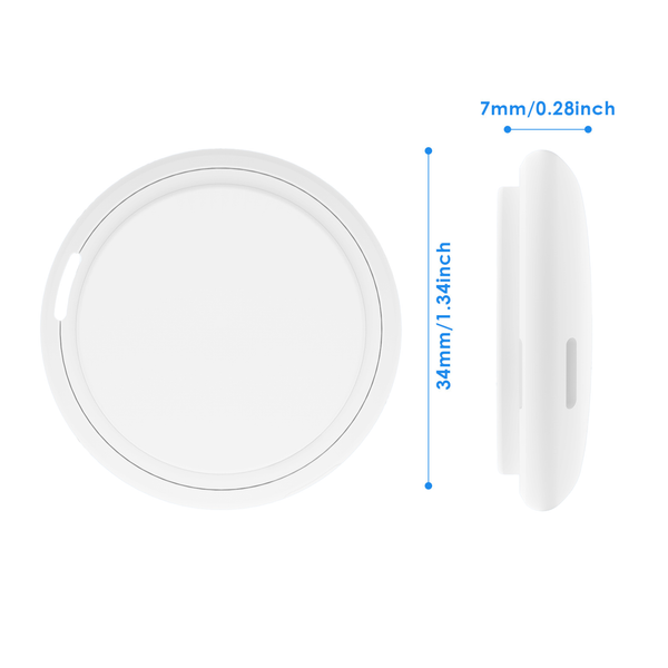 Witte Bluetooth GPS tracker geschikt voor Apple iPhone met Find My functie van WiseQ met afmetingen van 34 mm en 7 mm dikte