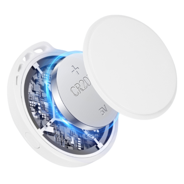Witte Bluetooth GPS tracker geschikt voor Apple iPhone met Find My functie van WiseQ open binnenkant met CR2032 batterij