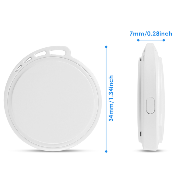 Witte Bluetooth GPS tracker geschikt voor iPhone van WiseQ met afmetingen 34mm en zijaanzicht