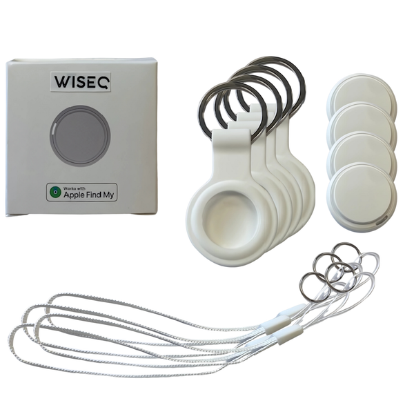 Witte GPS tracker set van 4 geschikt voor Apple iPhone met Find My functie van WiseQ inclusief sleutelhangers en accessoires