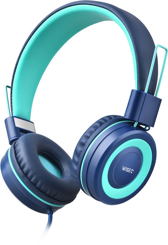 Blauw turquoise bedrade kinder koptelefoon met verstelbare hoofdband en zachte oorkussens