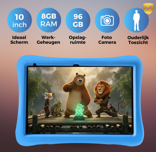 Blauwe kindertablet 10 inch met 8GB RAM en 96GB opslag