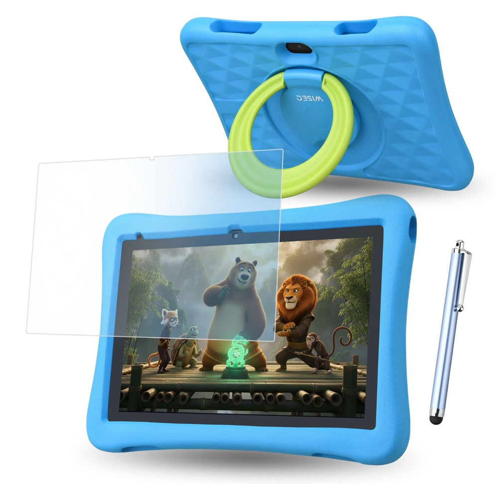 Blauwe kindertablet met stevige hoes standaard en stylus pen
