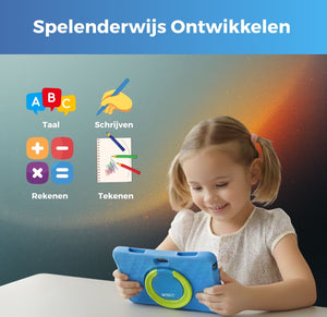 Kind leert spelenderwijs met blauwe kindertablet educatieve apps