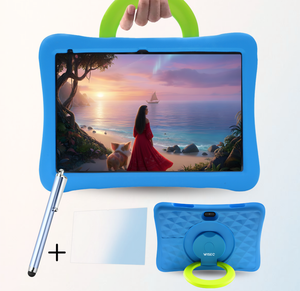 Blauwe kindertablet met handvat beschermhoes screenprotector en pen