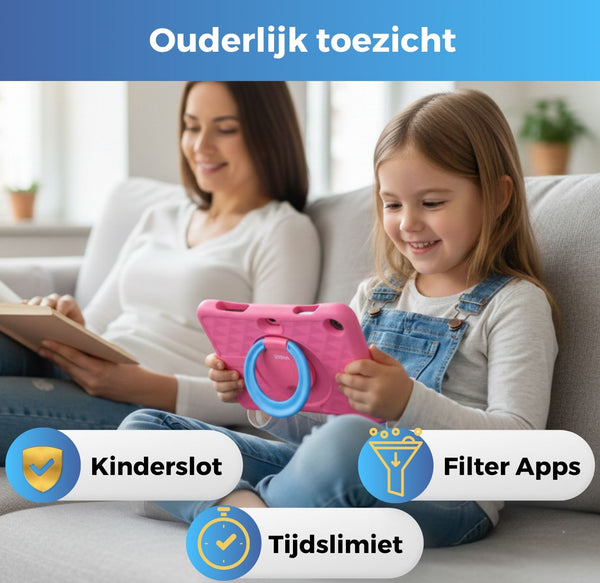 Moeder en kind gebruiken kindertablet met ouderlijk toezicht functies