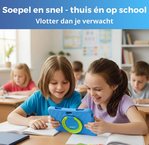 Kinderen gebruiken blauwe kindertablet in de klas voor leren
