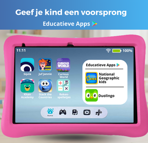Roze kindertablet met educatieve apps zoals Squla en Duolingo