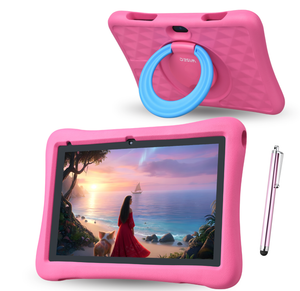 Roze kindertablet met blauwe ring en stylus pen