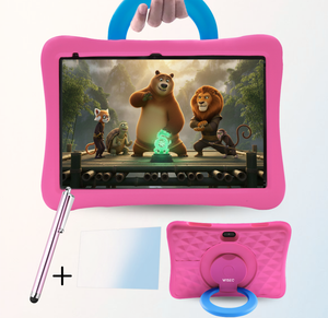 Roze kindertablet met blauwe handgreep inclusief stylus en screenprotector