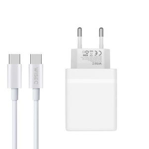 Witte dual port snellader geschikt voor Samsung en geschikt voor iPhone met usb c kabel voor snel opladen thuis of op kantoor