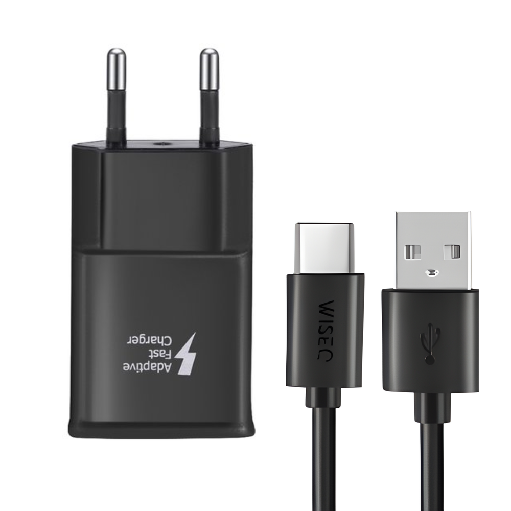 Zwarte WiseQ oplader geschikt voor iPhone 17, iPhone 16, iPhone 15 en Samsung inclusief USB C oplaadkabel