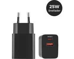 Zwarte 25W snellader USB adapter met Europese stekker geschikt voor smartphone en tablet