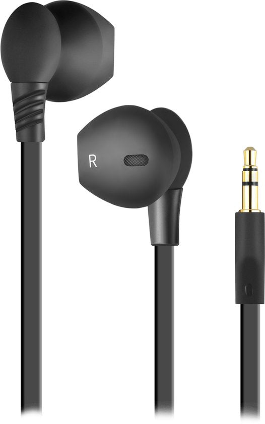 Zwarte bedrade oordopjes met 3.5mm jack aansluiting en stereo geluid